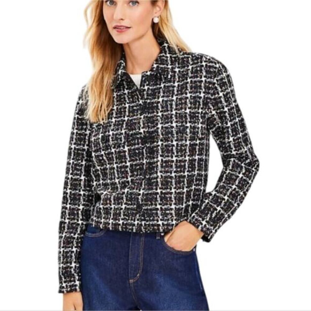 LOFT Shimmer Metallic Tweed Cropped Jacket Blazer Coat Button Up Size Large New